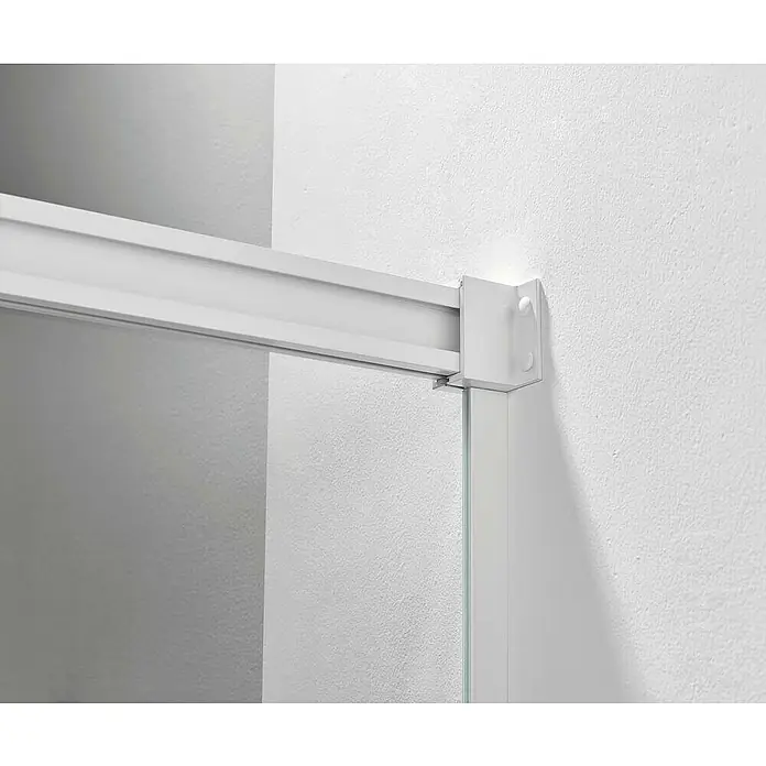 GME Mampara de ducha frontal Basic - L x An x Al: 70 x 160 x 196 cm, Vidrio serigrafiado, Blanco - Primer plano de una guía de cabina de ducha blanca montada en una pared blanca, destacando los detalles de su construcción.