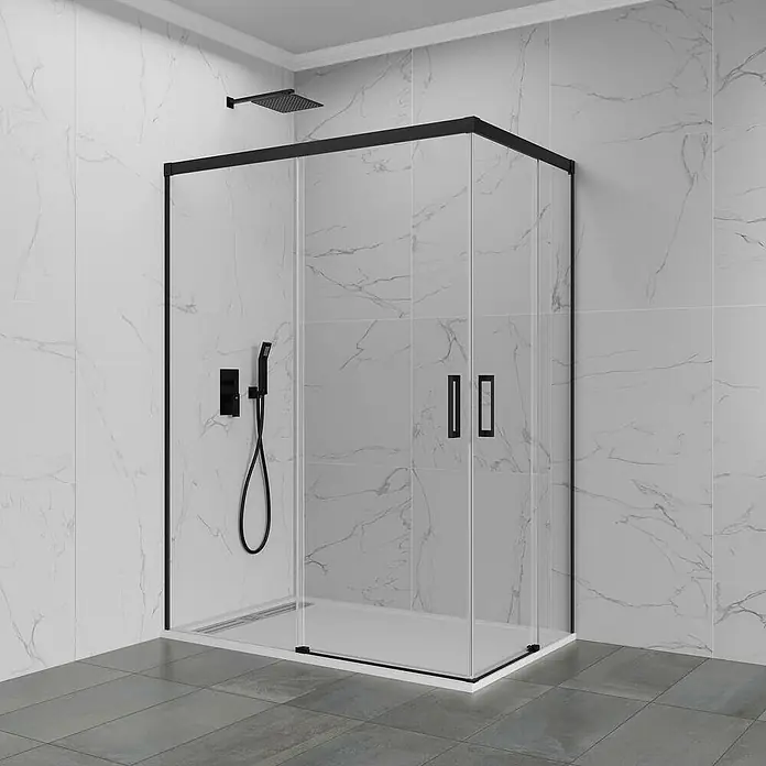 GME Mampara de ducha esquinera Basic Angular - L x An x Al: 100 x 120 x 196 cm, Vidrio transparente, Negro - Imagen de una moderna cabina de ducha con marcos y accesorios negros, destacando un diseño elegante de baño.