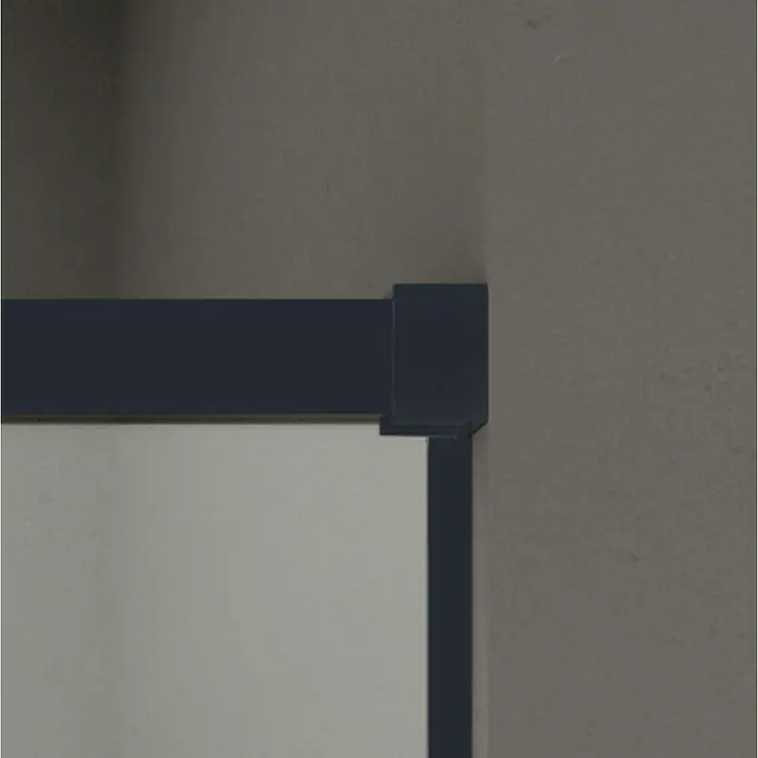GME Mampara de ducha frontal Basic - L x An x Al: 80 x 170 x 195 cm, Vidrio serigrafiado, Negro - Primer plano de un rotafolio con marco azul oscuro, situado contra una pared gris, que muestra una estética limpia y moderna.