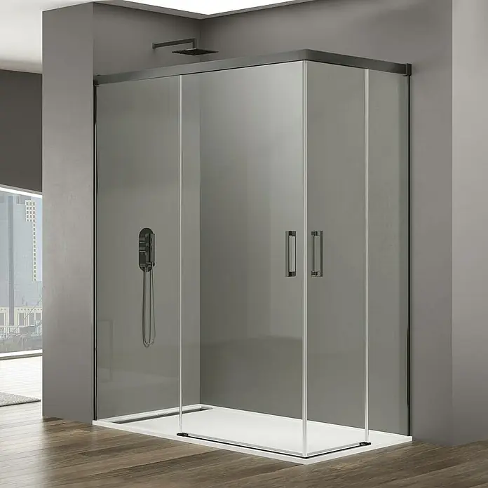 GME Mampara de ducha esquinera Basic Angular - L x An x Al: 75 x 90 x 195 cm, Vidrio transparente, Titan - Un baño moderno con una elegante mampara de ducha sin marco, con elegantes manijas y una estética minimalista.