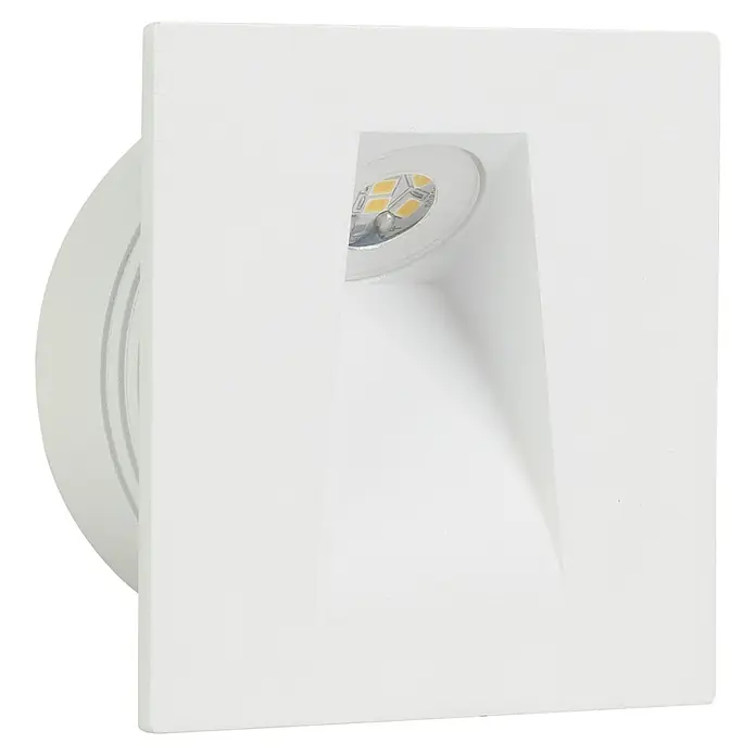 Eglo LED-Einbauspot Mecinos - Weiß, L x B x H: 80 x 80 x 3 mm, Warmweiß - Nahaufnahme einer quadratischen, weißen LED-Wandleuchte mit eingelassenem Design und sanftem, indirektem Licht.