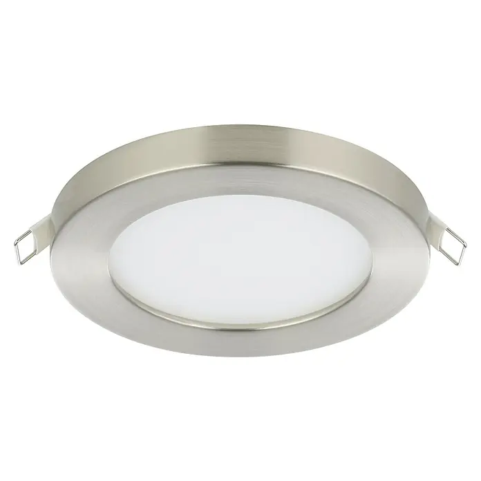 Eglo LED-Einbauleuchte FUEVA FLEX - 5,5 W, Nickel-matt, Warmweiß - Nahaufnahme einer runden LED-Deckenleuchte mit gebürstetem Nickel-Finish und einem diffusen, weißen Licht. Ideal für moderne Innenräume.