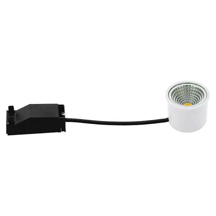 Eglo LED-Einbauleuchte SALICETO - 6 W, Warmweiß - Das Bild zeigt eine LED-Deckenspotleuchte mit schwarzem Adapter und weißem Lampenkopf, ideal für moderne Innenräume.\n