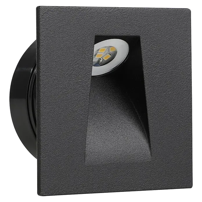 Eglo LED-Einbauspot Mecinos - Schwarz, L x B x H: 80 x 80 x 3 mm, Warmweiß - Nahaufnahme einer quadratischen, schwarzen LED-Wandleuchte. Perfekt für stimmungsvolle Beleuchtung im Innen- und Außenbereich.