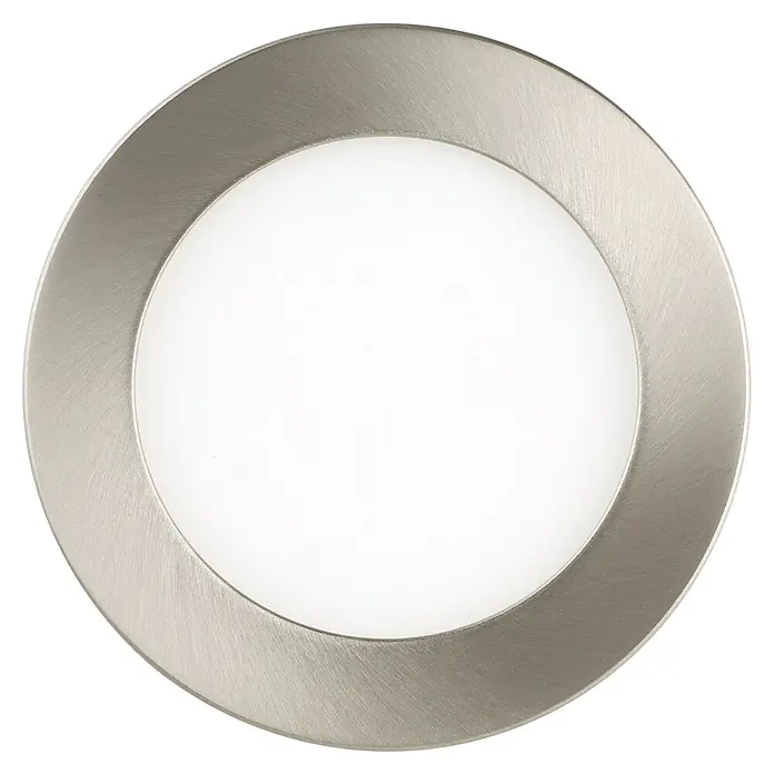 Eglo LED-Einbauleuchte FUEVA FLEX - 5,5 W, Nickel-matt, Warmweiß - Nahaufnahme einer runden, flachen LED-Deckenleuchte mit gebürstetem Nickelrahmen und weißem Diffusor. Elegantes und modernes Design.