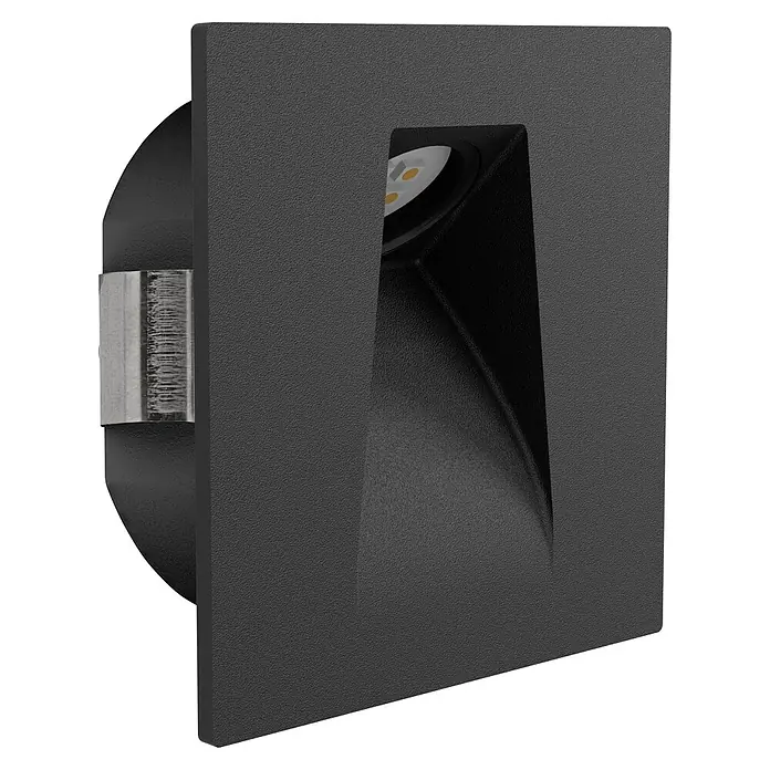 Eglo LED-Einbauspot Mecinos - Schwarz, L x B x H: 80 x 80 x 3 mm, Warmweiß - Detailansicht einer schwarzen, quadratischen Wandleuchte mit eingelassenem LED-Spot und robustem, modernem Design.