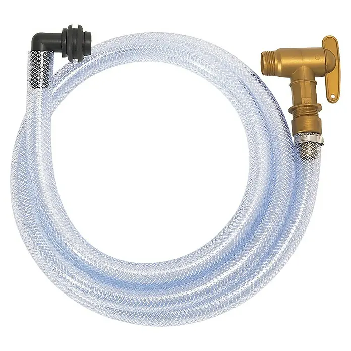 Garantia Universal-Schlauch - Schlauchlänge: 215 cm, Geeignet für: Komplett Entleerung - Klarer Schlauch mit einem schwarzen Winkelverbinder und einem goldenen Wasserhahn zur Flüssigkeitsübertragung.