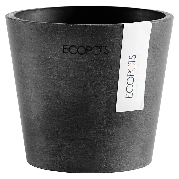 Ecopots Amsterdam Pflanztopf Mini - Außenmaß (Ø x H): 10,5 x 9,2 cm, Kunststoff, Dunkelgrau - Ein grauer ECOPOTS Pflanztopf mit gerader Form und einem weißen Etikett, das das Markenlogo zeigt. Ideal für den Innen- und Außenbereich.