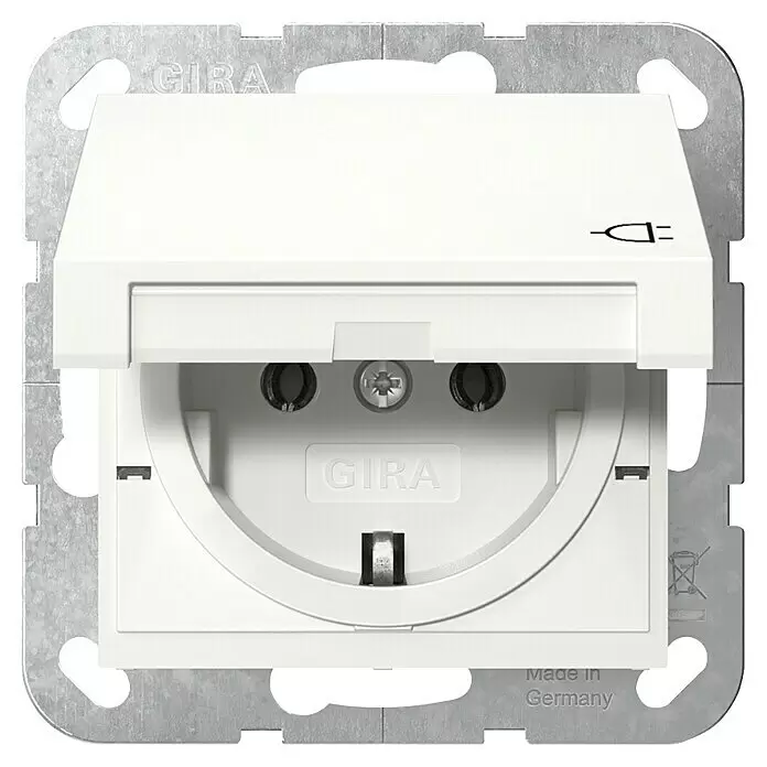 Gira System 55 Klappdeckelsteckdose 045403 - Reinweiß glänzend, 16 A, IP20 - Weiße GIRA Steckdose mit Klappdeckel und Metallrahmen zur Unterputzmontage.