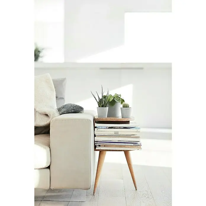 Ecopots Amsterdam Pflanztopf MiniAußenmaß (Ø x H): 13 x 11,4 cm, Kunststoff, Weiß, Grau - Nahaufnahme eines Bücherstapels, der als Beistelltisch mit Pflanzen und einer Couch im Hintergrund dient.