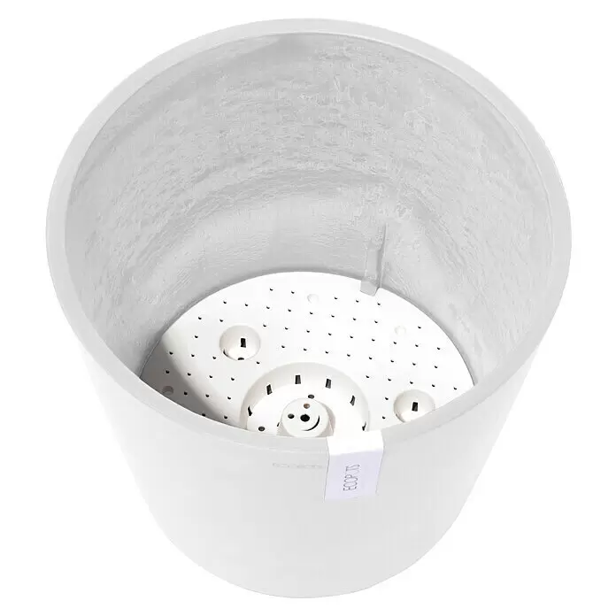 Ecopots Amsterdam Pflanzkübel rund - Außenmaß (Ø x H): 30 x 25,9 cm, Kunststoff, Weiß, Mit Bewässerungssystem - Weißer Pflanztopf aus Recyclingmaterial mit integriertem Bewässerungssystem. Ein Etikett zeigt 'ECOPOTS'.