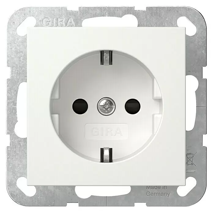 Gira System 55 Steckdose mit erhöhtem Berührungsschutz 045303 - Reinweiß glänzend, 16 A - Weiße Gira Schuko-Steckdose mit Kinderschutz und Metall-Montagerahmen, Made in Germany.