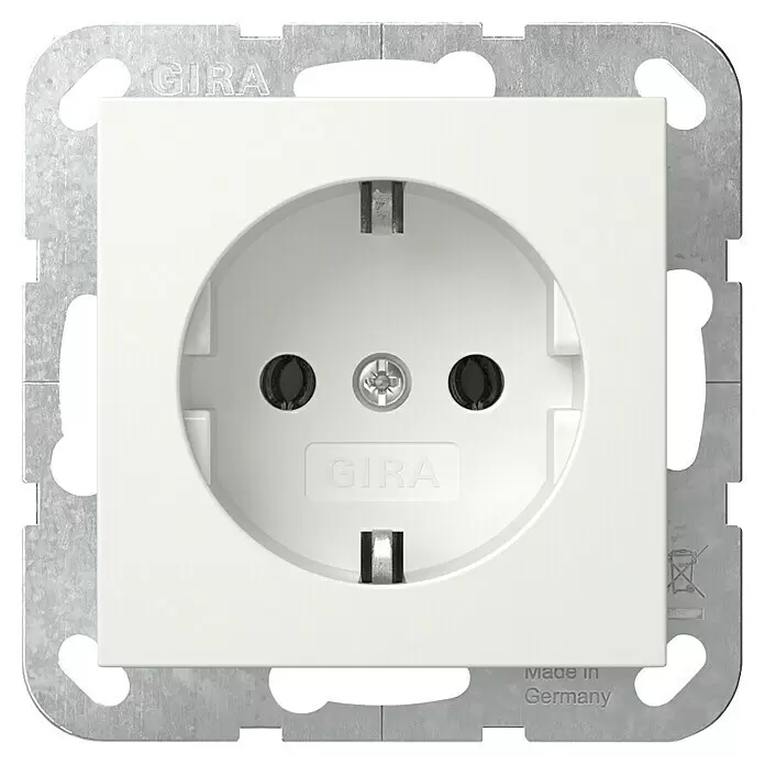 Gira System 55 Steckdose 018827 - Reinweiß seidenmatt, 16 A - Weiße GIRA Schuko-Steckdose mit Metallrahmen zur Montage.