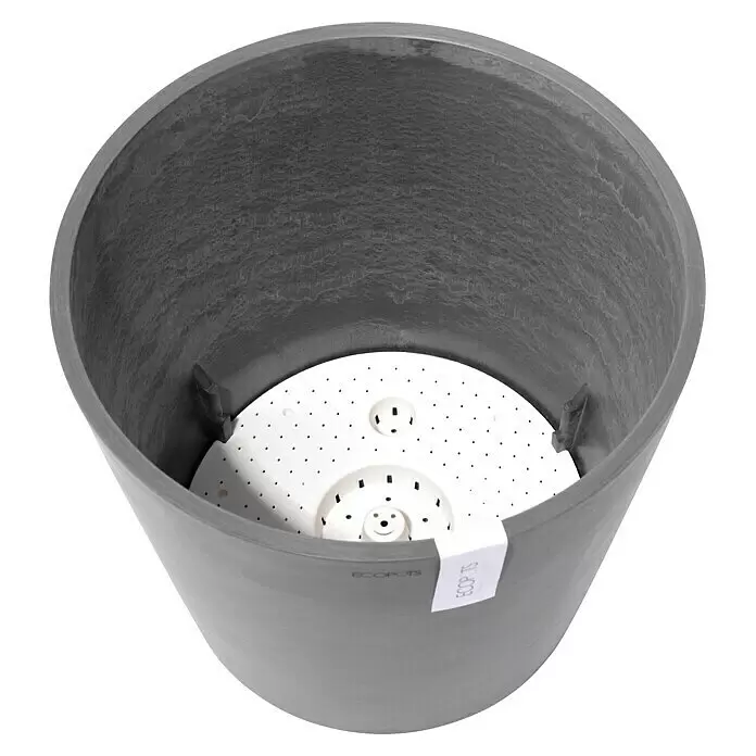 Ecopots Amsterdam Pflanzkübel rund - Außenmaß (Ø x H): 40 x 34,8 cm, Kunststoff, Grau, Mit Bewässerungssystem - Grauer Blumentopf mit weißem internen Drainageeinsatz.