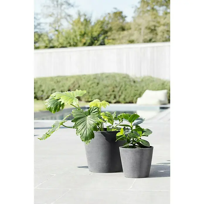 Ecopots Amsterdam Pflanzkübel rund - Außenmaß (Ø x H): 30 x 25,9 cm, Kunststoff, Grau, Mit Bewässerungssystem - Zwei graue Pflanztöpfe mit grünen Pflanzen stehen auf einer Terrasse im Freien. Die Töpfe sind in verschiedenen Größen und enthalten unterschiedliche Pflanzen.
