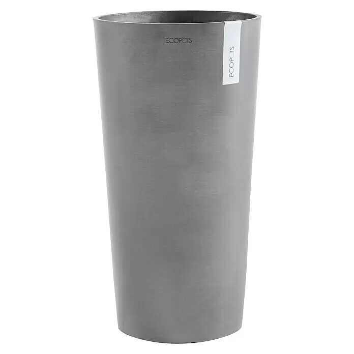 Ecopots Amsterdam Pflanzsäule rund Mid High - Außenmaß (Ø x H): 34 x 66 cm, Kunststoff, Grau - Hoher, grauer zylindrischer Pflanztopf mit ECOPOTS-Etikett an der Seite.