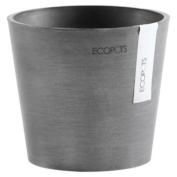 Ecopots Amsterdam Pflanztopf - Außenmaß (Ø x H): 13 x 11,4 cm, Kunststoff, Grau - Grauer, runder ECOPOTS Pflanztopf mit strukturierter Oberfläche und weißem Markenetikett.