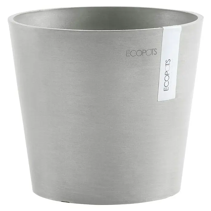 Ecopots Amsterdam Pflanztopf Mini - Außenmaß (Ø x H): 17 x 14,9 cm, Kunststoff, Weiß, Grau - Grauer ECOPOTS Blumentopf mit dezentem Etikett, ideal für stilvolle Zimmerpflanzen und modernes Wohndesign.