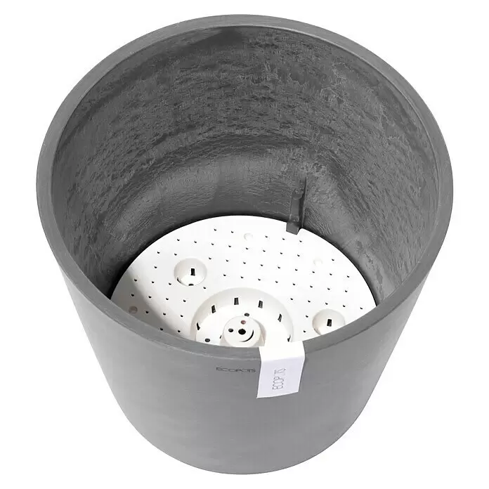 Ecopots Amsterdam Pflanzkübel rund - Außenmaß (Ø x H): 30 x 25,9 cm, Kunststoff, Grau, Mit Bewässerungssystem - Grauer Pflanztopf mit sichtbarem weißen Selbstbewässerungseinsatz.
