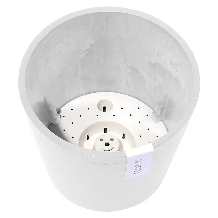 Ecopots Amsterdam Pflanzkübel rund - Außenmaß (Ø x H): 20 x 17,2 cm, Kunststoff, Weiß, Mit Bewässerungssystem - Weißer Pflanzentopf mit integriertem Selbstbewässerungseinsatz und lächelndem Gesicht.