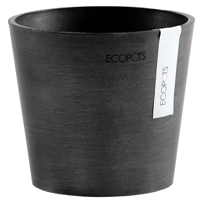 Ecopots Amsterdam Pflanztopf Mini - Außenmaß (Ø x H): 13 x 11,4 cm, Kunststoff, Dunkelgrau - Schwarzer Ecopots-Blumentopf mit Etikett, ideal für Pflanzen im Innen- und Außenbereich. Die Pflanzgefäße sind robust und stilvoll.