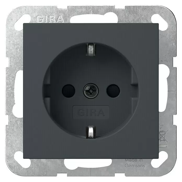 Gira System 55 Steckdose mit erhöhtem Berührungsschutz 045328 - Anthrazit, 16 A - Dunkelgraue Schuko-Steckdose aus Kunststoff mit Metallrahmen.