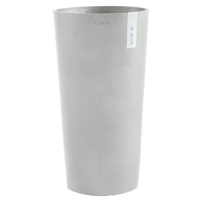 Ecopots Amsterdam Pflanzsäule rund Mid High - Außenmaß (Ø x H): 34 x 66 cm, Kunststoff, Weiß, Grau - Hoher, hellgrauer zylindrischer Pflanztopf mit ECOPOTS-Branding.
