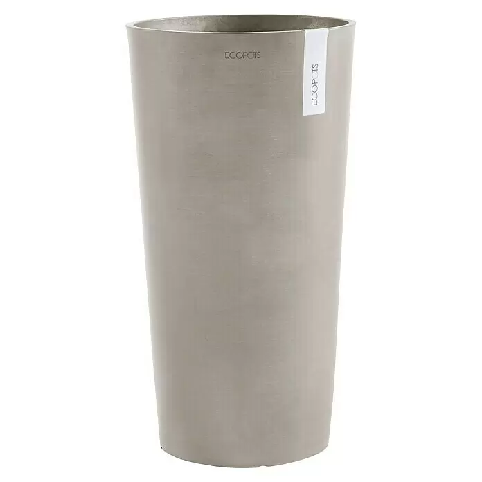 Ecopots Amsterdam Pflanzsäule rund Mid High - Außenmaß (Ø x H): 34 x 66 cm, Kunststoff, Braungrau - Hoher, hellgrauer zylindrischer Pflanztopf mit strukturierter Oberfläche.