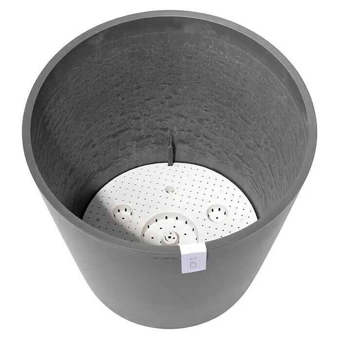 Ecopots Amsterdam Pflanzkübel rund - Außenmaß (Ø x H): 50 x 44,3 cm, Kunststoff, Grau, Mit Bewässerungssystem - Dunkelgrauer runder Pflanzentopf mit einem internen weißen gelochten Drainagegitter am Boden.