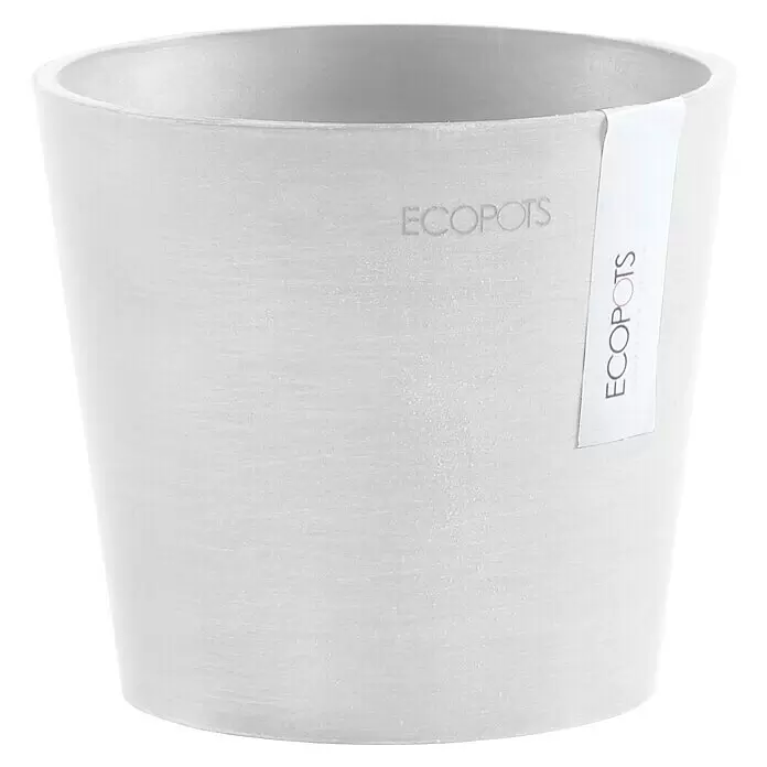Ecopots Amsterdam Pflanztopf Mini - Außenmaß (Ø x H): 13 x 11,4 cm, Kunststoff, Weiß - Hellgrauer ECOPOTS Pflanztopf mit texturierter Oberfläche und Branding.