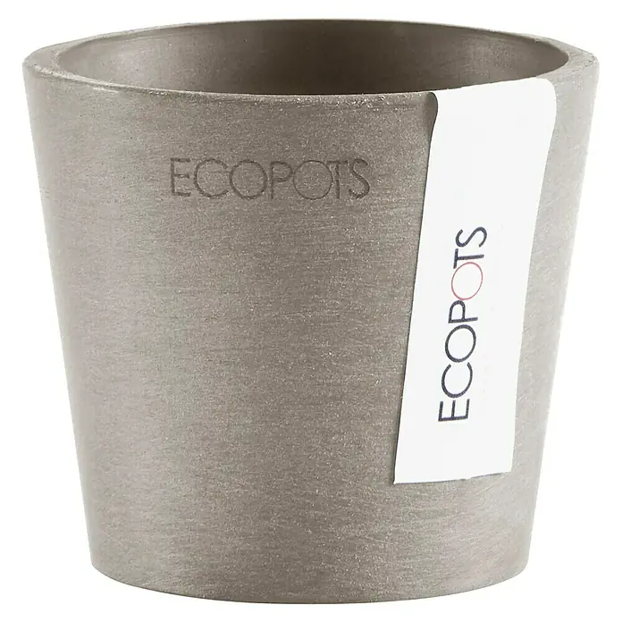 Ecopots Amsterdam Pflanztopf Mini - Außenmaß (Ø x H): 8 x 7 cm, Kunststoff, Braungrau - Grauer ECOPOTS-Blumentopf mit konischem Design und dezentem Logo, ideal für den Innen- und Außenbereich.