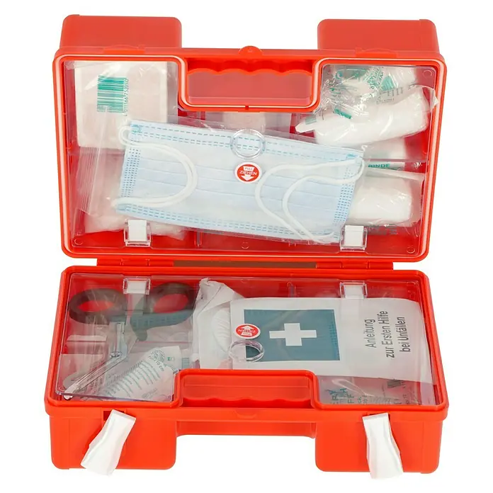 Leina-Werke Erste-Hilfe-Koffer Quick - DIN 13157, Mit Wandhalterung, Orange - Offener, roter Erste-Hilfe-Kasten mit Maske, Verbandsmaterial und Schere, ideal für Notfälle zu Hause oder unterwegs.