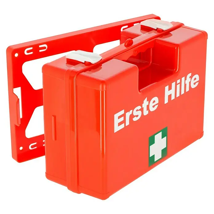 Leina-Werke Erste-Hilfe-Koffer Quick - DIN 13157, Mit Wandhalterung, Orange - Erste Hilfe Kasten mit Wandhalterung. Der Kasten ist rot und beschriftet. Ideal für Büro, Auto oder Zuhause.