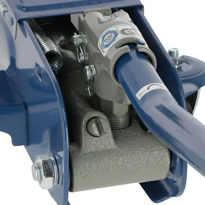 Cartrend Hydraulischer Rangierwagenheber - Belastbarkeit: 2.000 kg - Nahaufnahme eines blauen Wagenhebers, der die Hebevorrichtung und die TÜV-Zertifizierung zeigt.