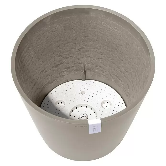 Ecopots Amsterdam Pflanzkübel rund - Außenmaß (Ø x H): 50 x 44,3 cm, Kunststoff, Braungrau, Mit Bewässerungssystem - Grauer, runder Pflanzentopf mit strukturierter Oberfläche und weißem perforiertem Einsatz.