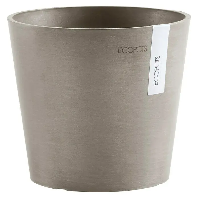 Ecopots Amsterdam Pflanztopf Mini - Außenmaß (Ø x H): 17 x 14,9 cm, Kunststoff, Braungrau - Nahaufnahme eines grauen ECOPOTS Blumentopfs mit konischer Form und einem weißen Etikett.