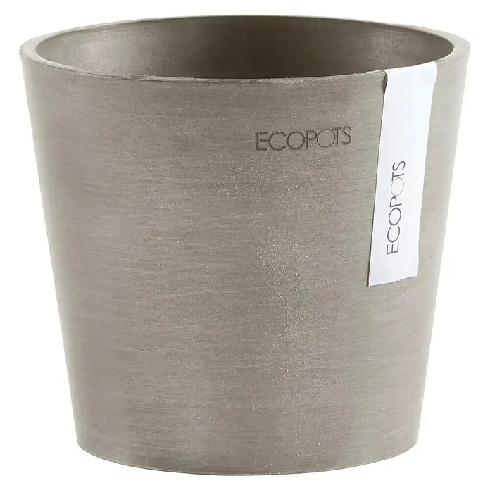 Ecopots Amsterdam Pflanztopf Mini - Außenmaß (Ø x H): 13 x 11,4 cm, Kunststoff, Braungrau - Nahaufnahme eines grauen ECOPOTS Pflanzgefäßes mit minimalistischem Design und sichtbarem Etikett.