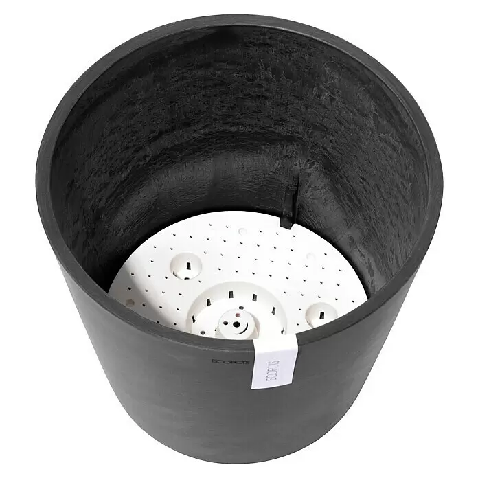 Ecopots Amsterdam Pflanzkübel rund - Außenmaß (Ø x H): 30 x 25,9 cm, Kunststoff, Dunkelgrau, Mit Bewässerungssystem - Dunkelgrauer strukturierter Pflanztopf mit weißem Selbstbewässerungseinsatz.