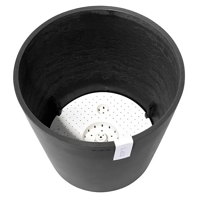 Ecopots Amsterdam Pflanzkübel rund - Außenmaß (Ø x H): 40 x 34,8 cm, Kunststoff, Dunkelgrau, Mit Bewässerungssystem - Runde dunkelgraue Pflanzgefäß mit einem weißen, perforierten Drainageeinsatz im Inneren.