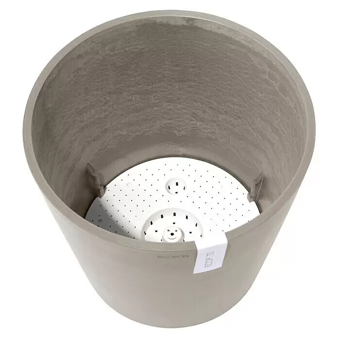 Ecopots Amsterdam Pflanzkübel rund - Außenmaß (Ø x H): 40 x 34,8 cm, Kunststoff, Braungrau, Mit Bewässerungssystem - Hellbrauner Blumentopf mit weißem Bewässerungs- oder Drainageeinsatz.
