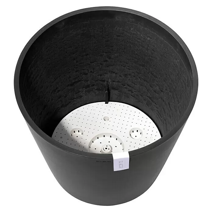 Ecopots Amsterdam Pflanzkübel rund - Außenmaß (Ø x H): 50 x 44,3 cm, Kunststoff, Dunkelgrau, Mit Bewässerungssystem - Dunkelgrauer/schwarzer Blumentopf mit weißem, perforiertem Drainageeinsatz. Robuster Pflanzkübel.