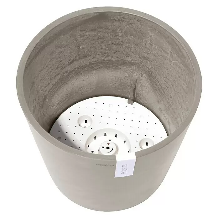 Ecopots Amsterdam Pflanzkübel rund - Außenmaß (Ø x H): 30 x 25,9 cm, Kunststoff, Braungrau, Mit Bewässerungssystem - Hellgrauer, strukturierter Pflanztopf mit weißem Selbstbewässerungseinsatz.