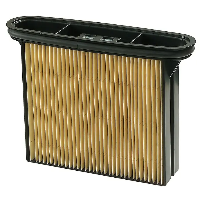 Bosch Professional Flachfaltenfilter - 1 Stk., Passend für: Bosch Professional Nass-Trockensauger GAS 25 L - Luftfilter für ein Auto, mit einer schwarzen Kunststoffumrandung und einem gefalteten, gelblichen Filterelement in der Mitte.