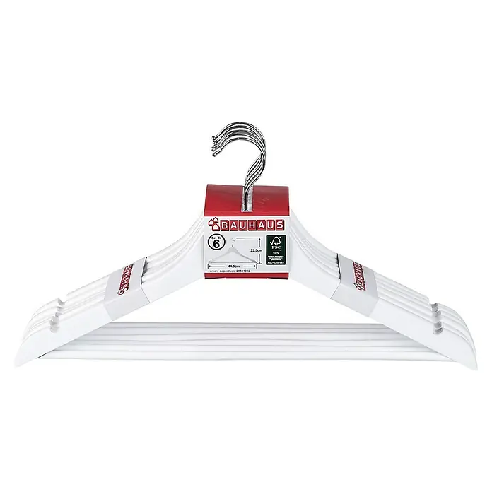 BAUHAUS Percha para ropa - 6 ud., Blanco - Un conjunto de seis perchas blancas Bauhaus con un gancho plateado y marcas rojas, ideal para organizar tu guardarropa.