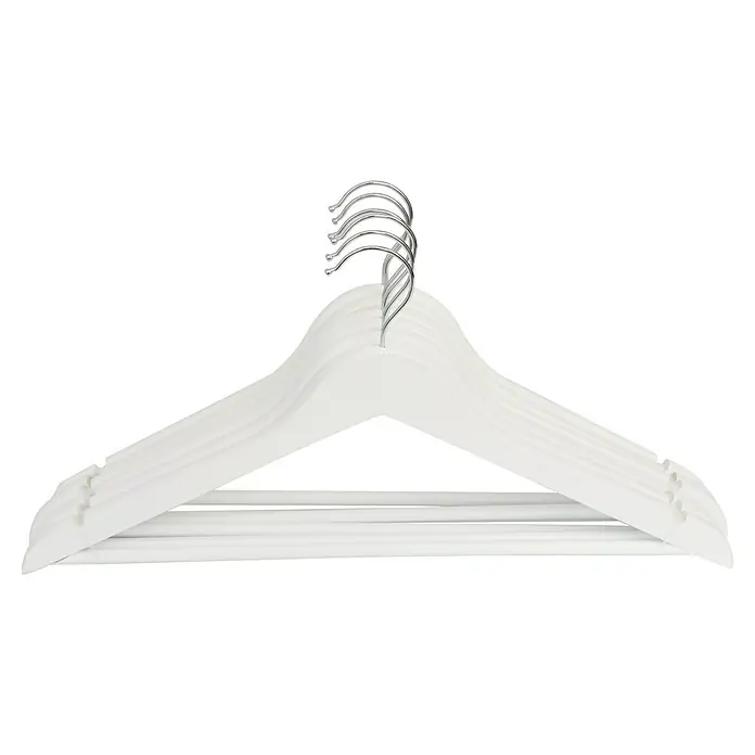 BAUHAUS Percha para ropa - 6 ud., Blanco - Pila de perchas de madera blanca con ganchos de metal para colgar ropa en el armario.