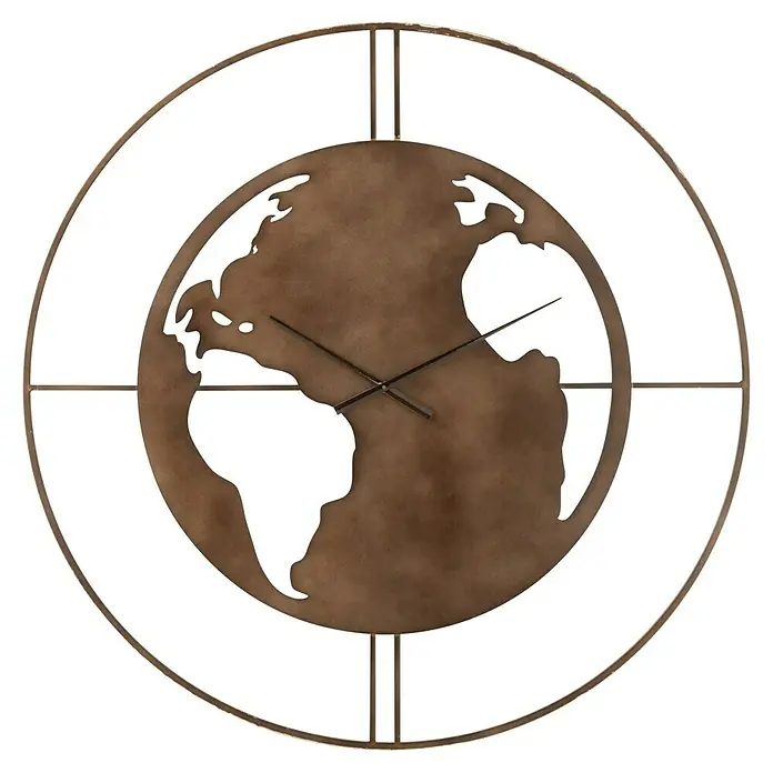 Wanduhr Weltkarte - Durchmesser: 90 cm, Dunkelbraun - Wanduhr mit Weltkarten-Motiv in antikem Gold-Finish. Ein dekoratives und funktionales Wohnaccessoire für Weltenbummler.