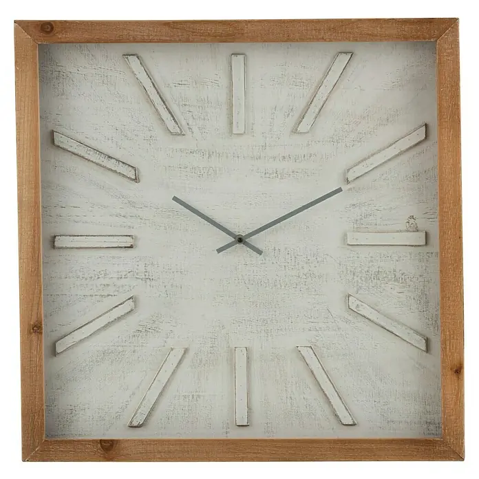 Wanduhr - 60 x 60 cm, Weiß/Natur - Quadratische Wanduhr mit weißem Zifferblatt und Holzrahmen. Die Uhr hat ein rustikales Design und graue Zeiger.