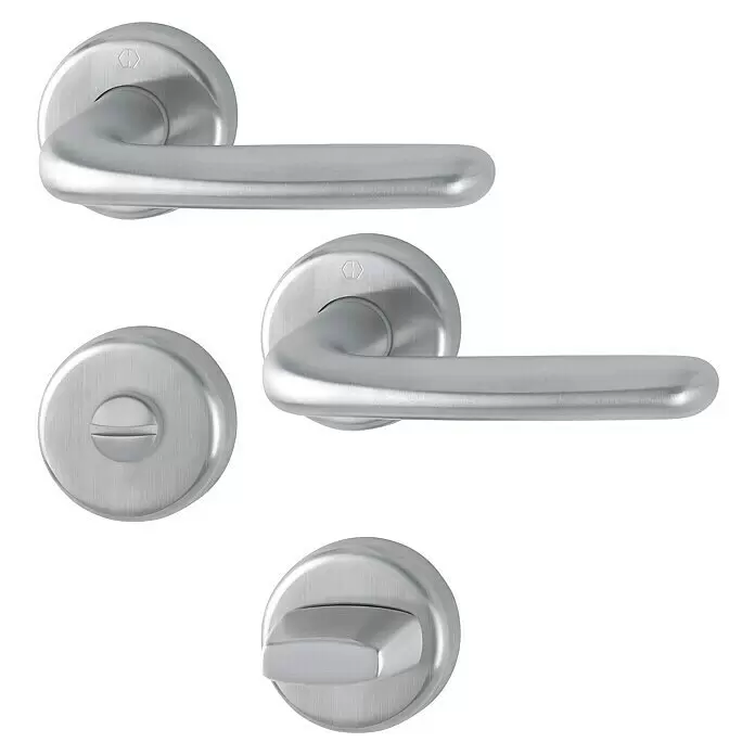 Hoppe Drückergarnitur WC Cardiff - Stärke Tür: 42 mm - 37 mm, Edelstahl, Schlitzkopf/Olive, Form Schild: Rund - Set gebürsteter Edelstahl-Türgriffe und passender Schlossmechanismen.