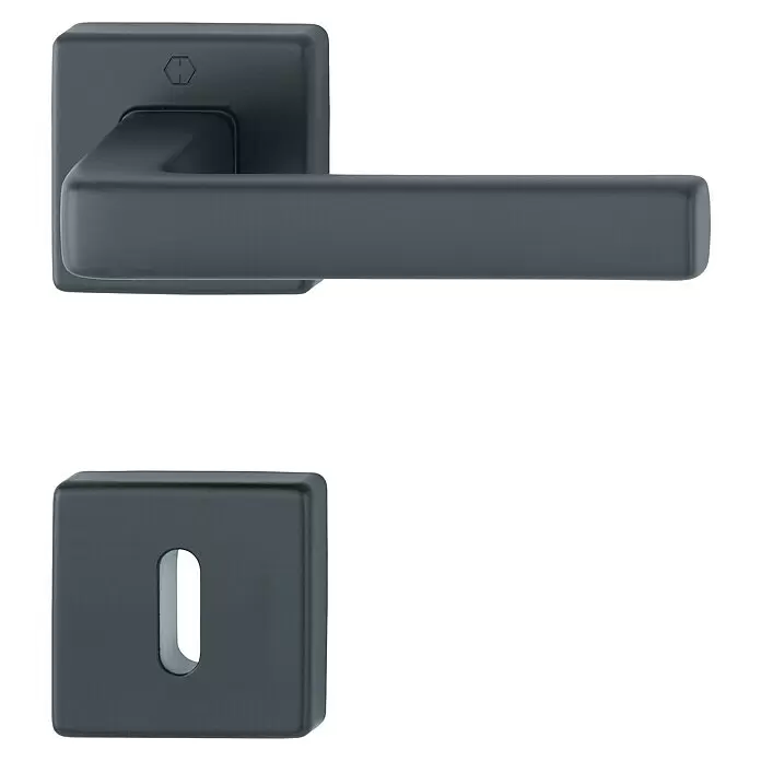 Hoppe Zimmertürgarnitur Dublin - Stärke Tür: 42 mm - 37 mm, Aluminium, Schwarz, Buntbart - Anthrazitfarbenes Türdrücker-Set mit quadratischer Basis und passender Schlüsselrosette.