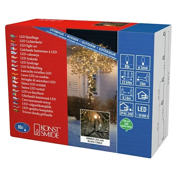 Konstsmide LED-Lichterkette Micro LED - Außen, Lichtfarbe: Bernstein, Anzahl Leuchtmittel: 80 Stk., Netzbetrieben - 80 bernsteinfarbene LED-Lichterkette (22,64m) mit schwarzem Kabel, IP44 für den Außenbereich.
